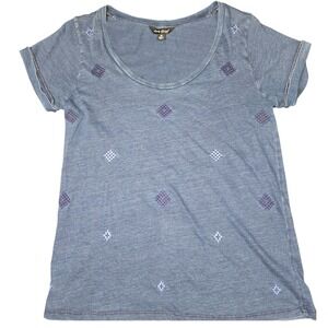 Lucky Brand Womens Blue Embroidered Diamond Scoop Neck T-Shirt Size M